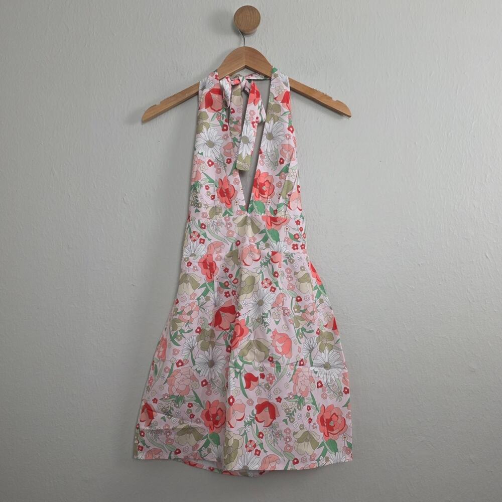 Clad & Cloth The Daisy Pink Floral Halter Open Back Retro Mini Dress Large NEW - Picture 3 of 13